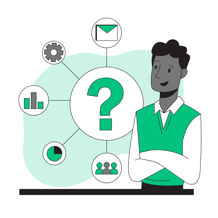 Illustration of a smiling man with crossed arms beside a question mark linked to email, settings, chart and team icons