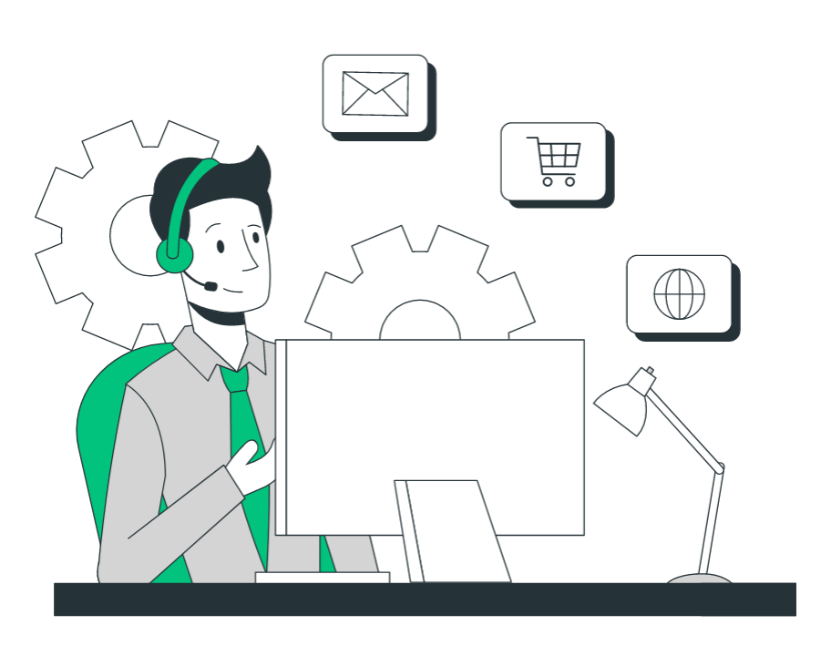 Illustration of a support engineer with a headset at a computer, surrounded by gears and email, shopping and web icons