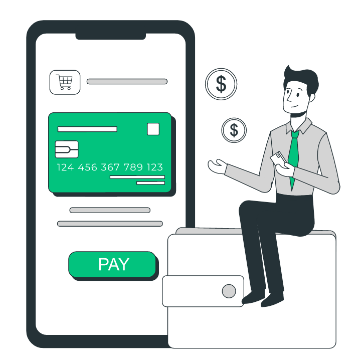 Illustration of a person beside a phone showing a card payment screen, representing ISP billing and operations