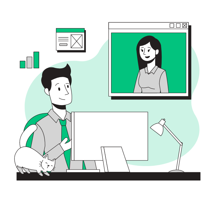 Illustration of an engineer at a desk on a video call, representing remote managed network support