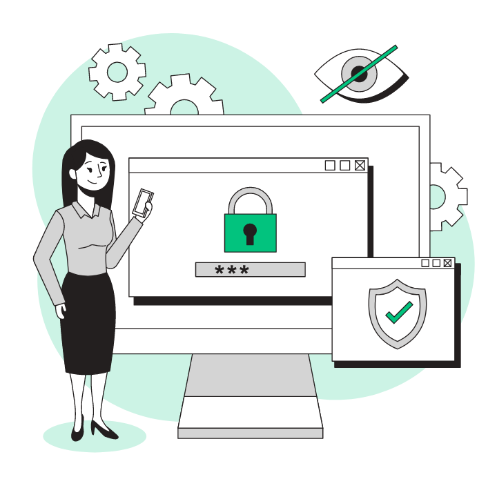 Illustration of a woman next to a monitor with a padlock and security shield, representing secure local network builds
