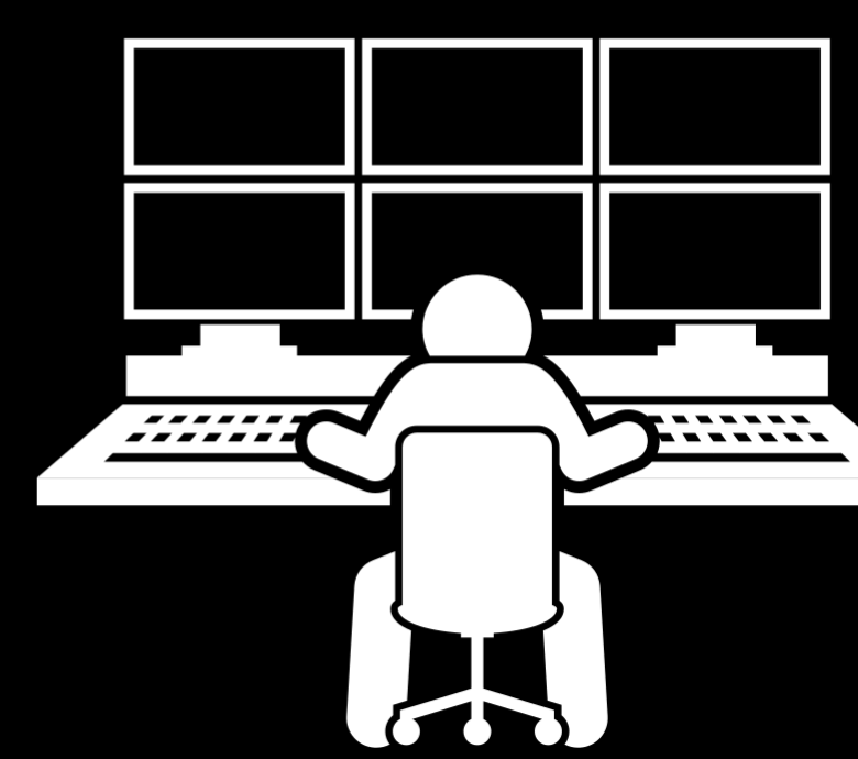 Illustration of an operator at a desk facing a wall of monitoring screens, representing PulseAI network monitoring