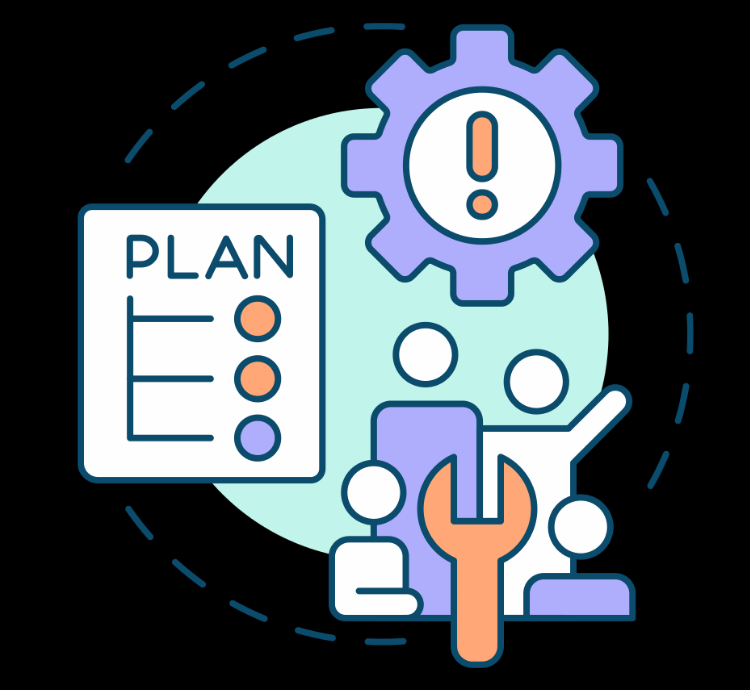 Illustration of a security plan, warning gear and team with a wrench, representing network hardening