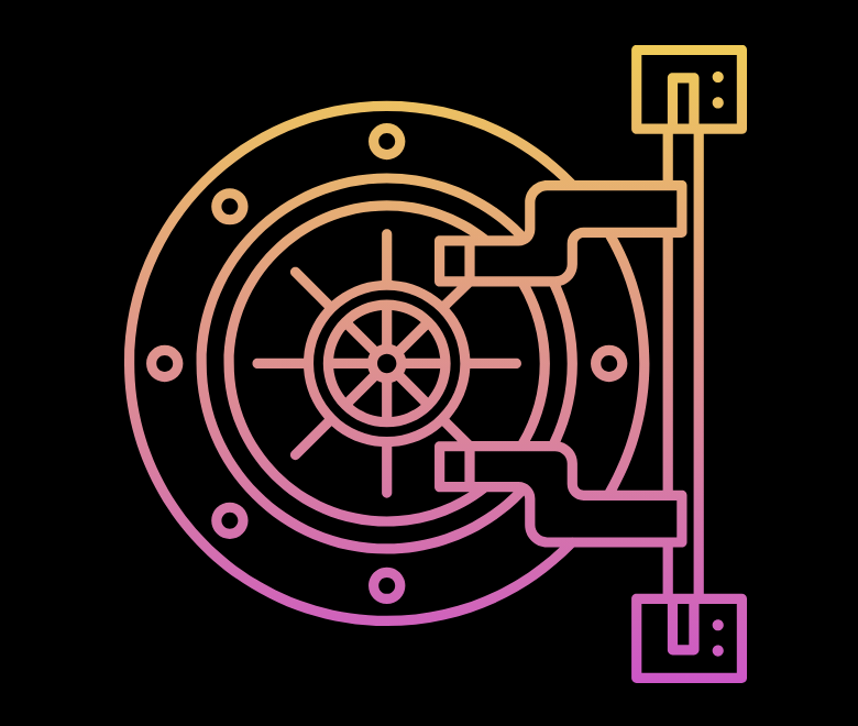 Line illustration of a bank vault door, representing backup and disaster recovery